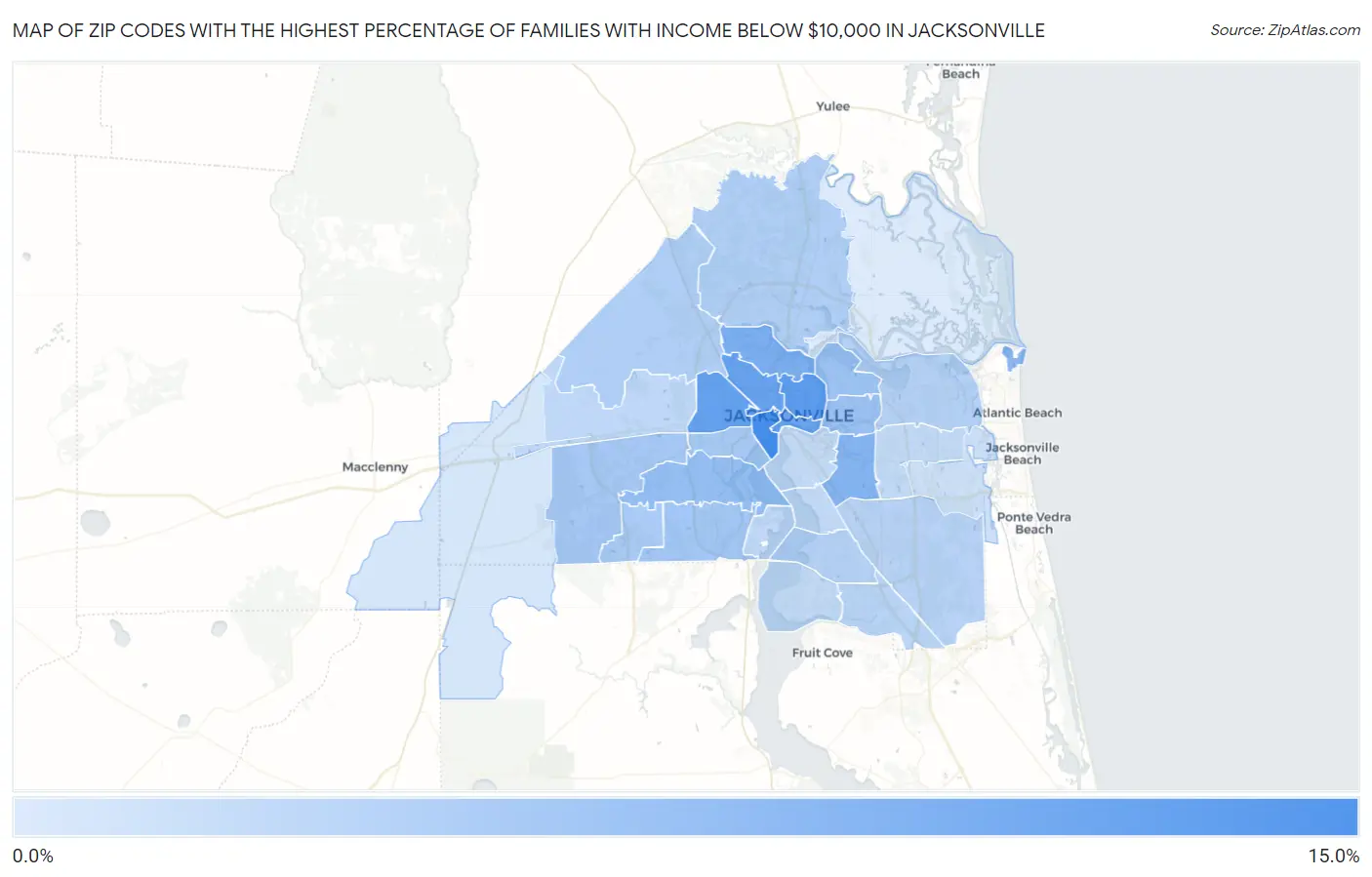 Zip Codes with the Highest Percentage of Families with Income Below $10,000 in Jacksonville Map