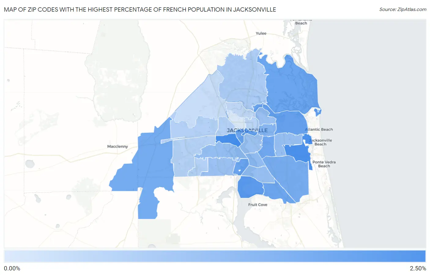 Zip Codes with the Highest Percentage of French Population in Jacksonville Map
