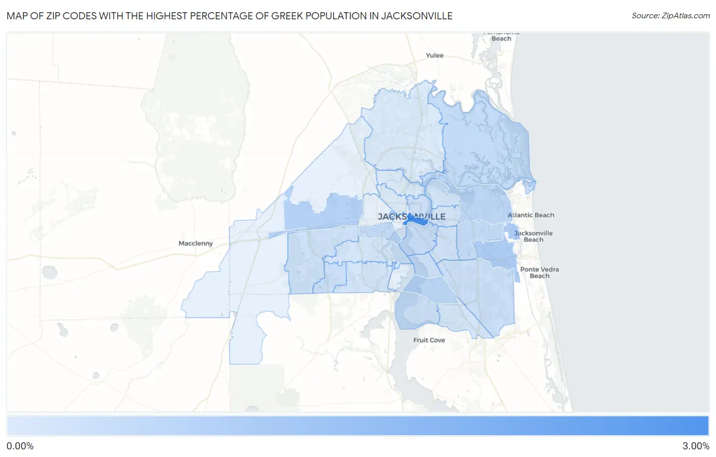 Zip Codes with the Highest Percentage of Greek Population in Jacksonville Map