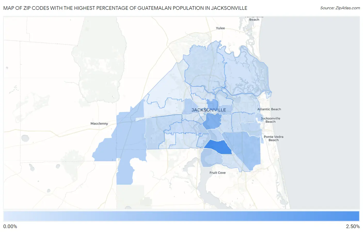 Zip Codes with the Highest Percentage of Guatemalan Population in Jacksonville Map