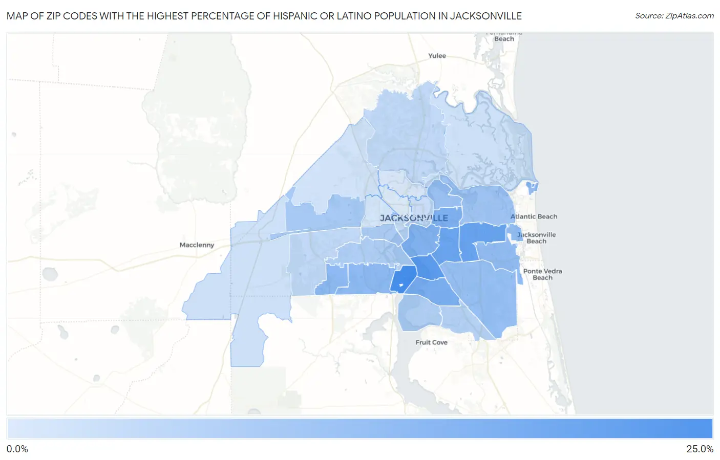 Zip Codes with the Highest Percentage of Hispanic or Latino Population in Jacksonville Map