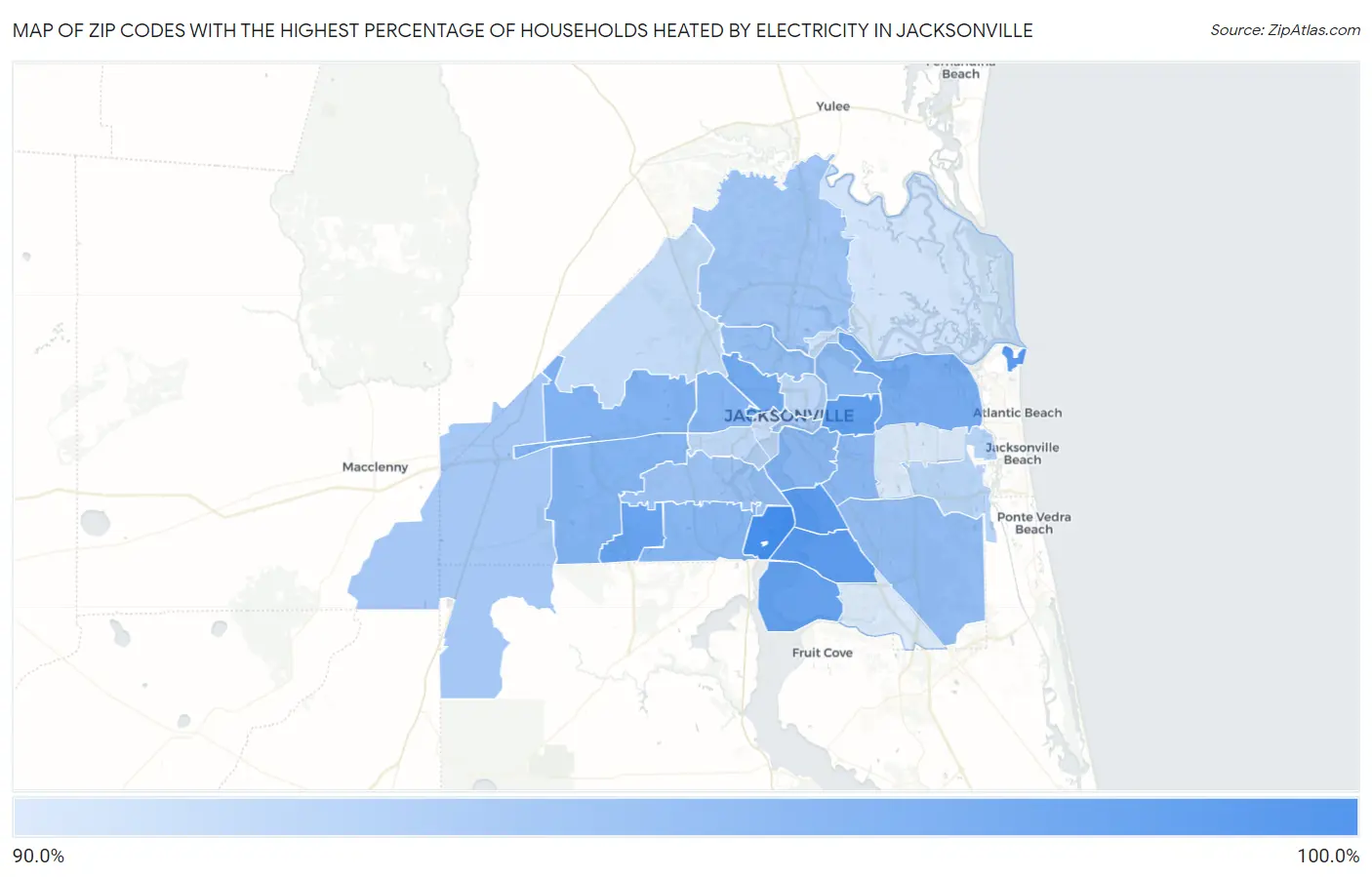 Zip Codes with the Highest Percentage of Households Heated by Electricity in Jacksonville Map