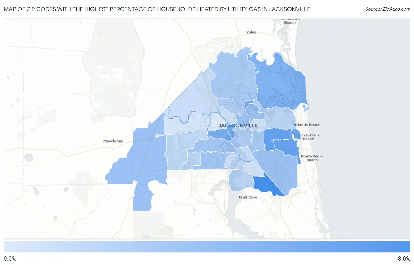 Zip Codes with the Highest Percentage of Households Heated by Utility Gas in Jacksonville Map