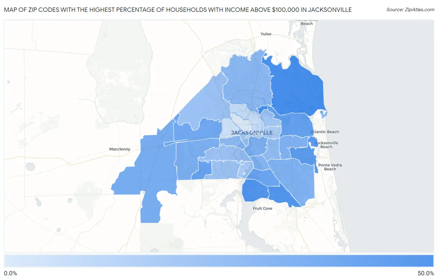 Zip Codes with the Highest Percentage of Households with Income Above $100,000 in Jacksonville Map
