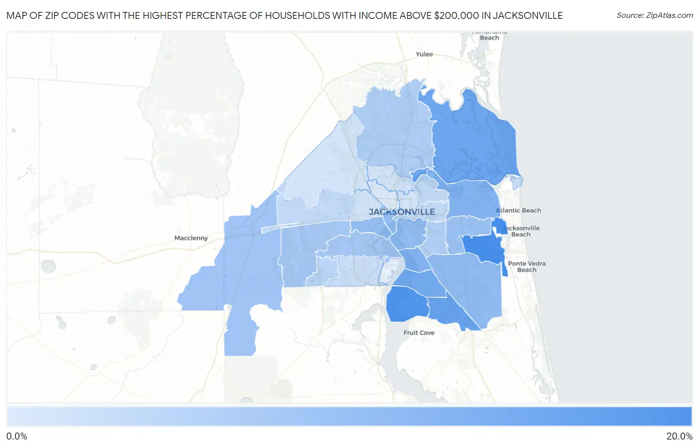 Zip Codes with the Highest Percentage of Households with Income Above $200,000 in Jacksonville Map