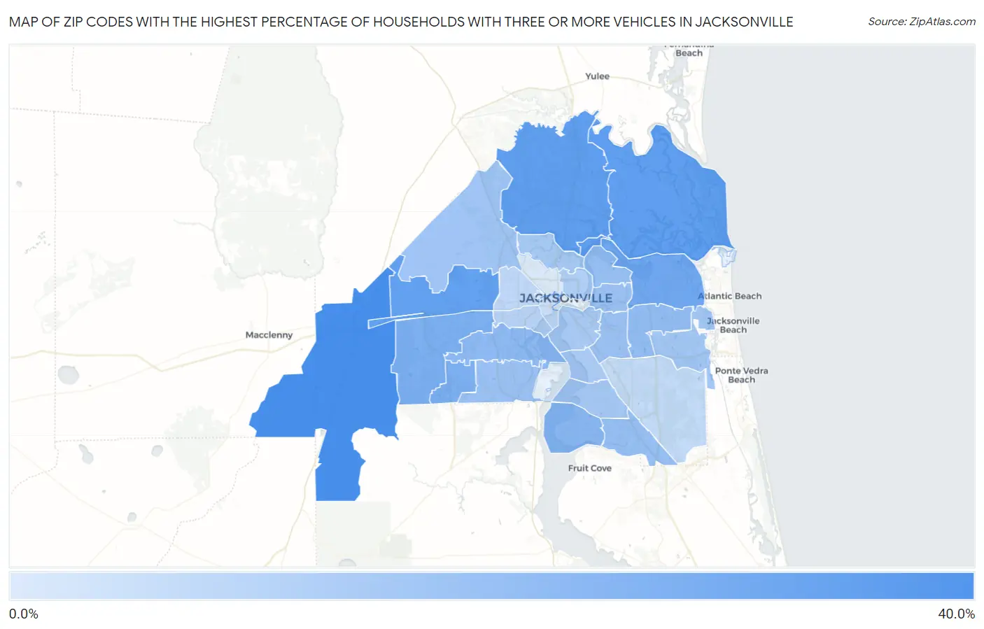 Zip Codes with the Highest Percentage of Households With Three or more Vehicles in Jacksonville Map