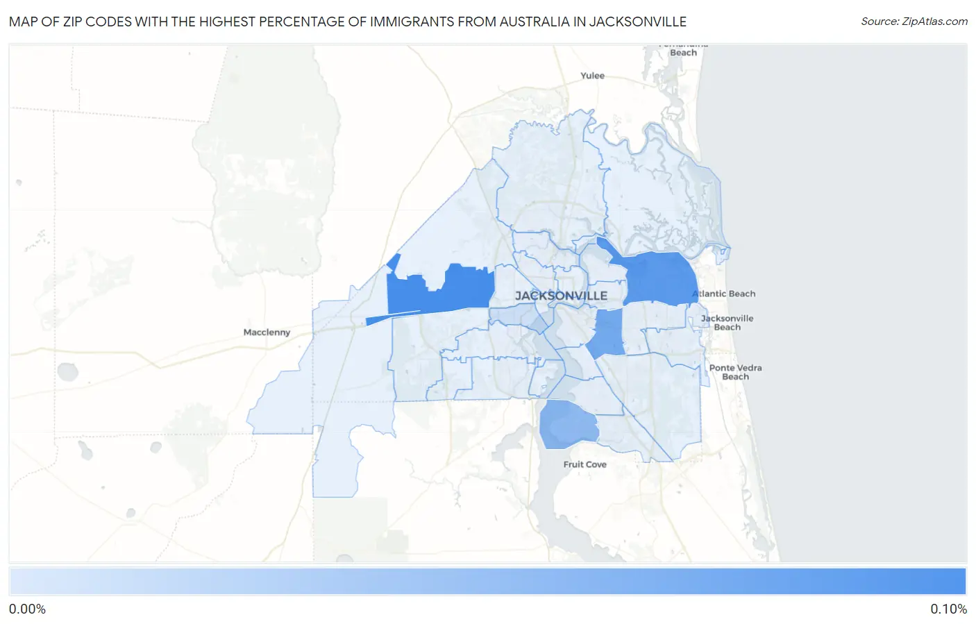 Zip Codes with the Highest Percentage of Immigrants from Australia in Jacksonville Map
