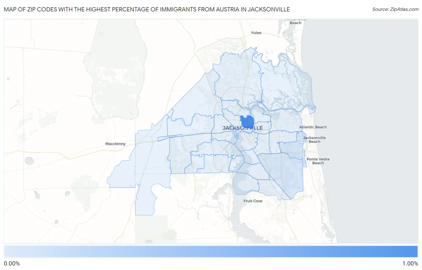 Zip Codes with the Highest Percentage of Immigrants from Austria in Jacksonville Map