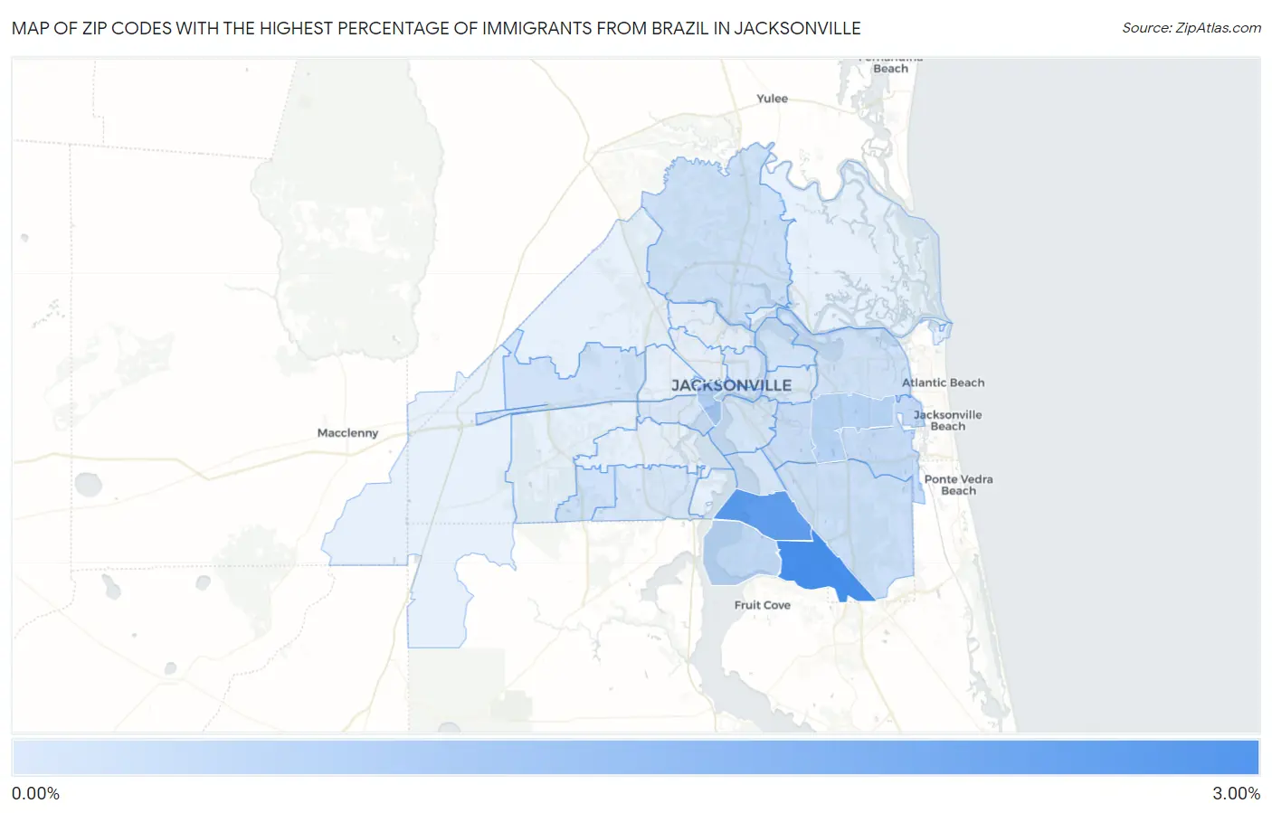 Zip Codes with the Highest Percentage of Immigrants from Brazil in Jacksonville Map