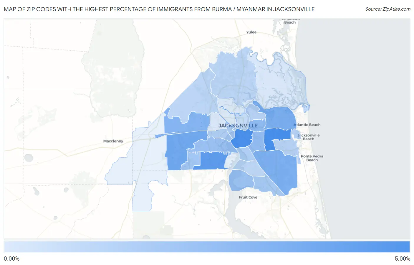 Zip Codes with the Highest Percentage of Immigrants from Burma / Myanmar in Jacksonville Map