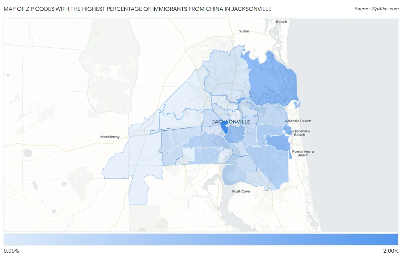 Zip Codes with the Highest Percentage of Immigrants from China in Jacksonville Map