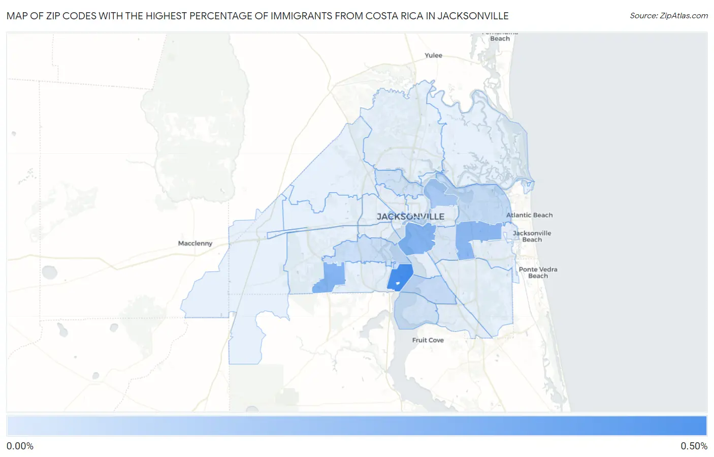 Zip Codes with the Highest Percentage of Immigrants from Costa Rica in Jacksonville Map