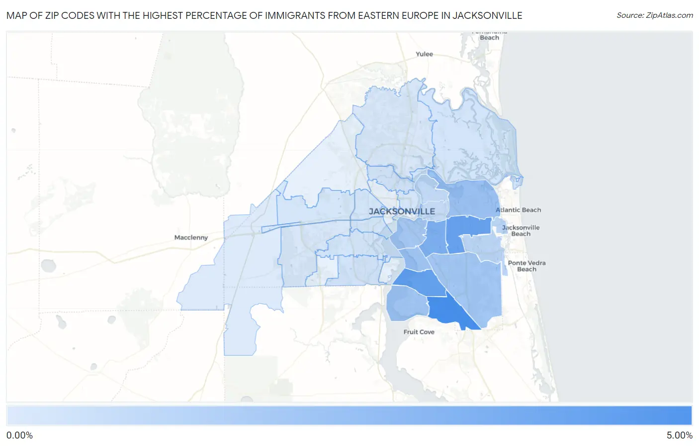 Zip Codes with the Highest Percentage of Immigrants from Eastern Europe in Jacksonville Map