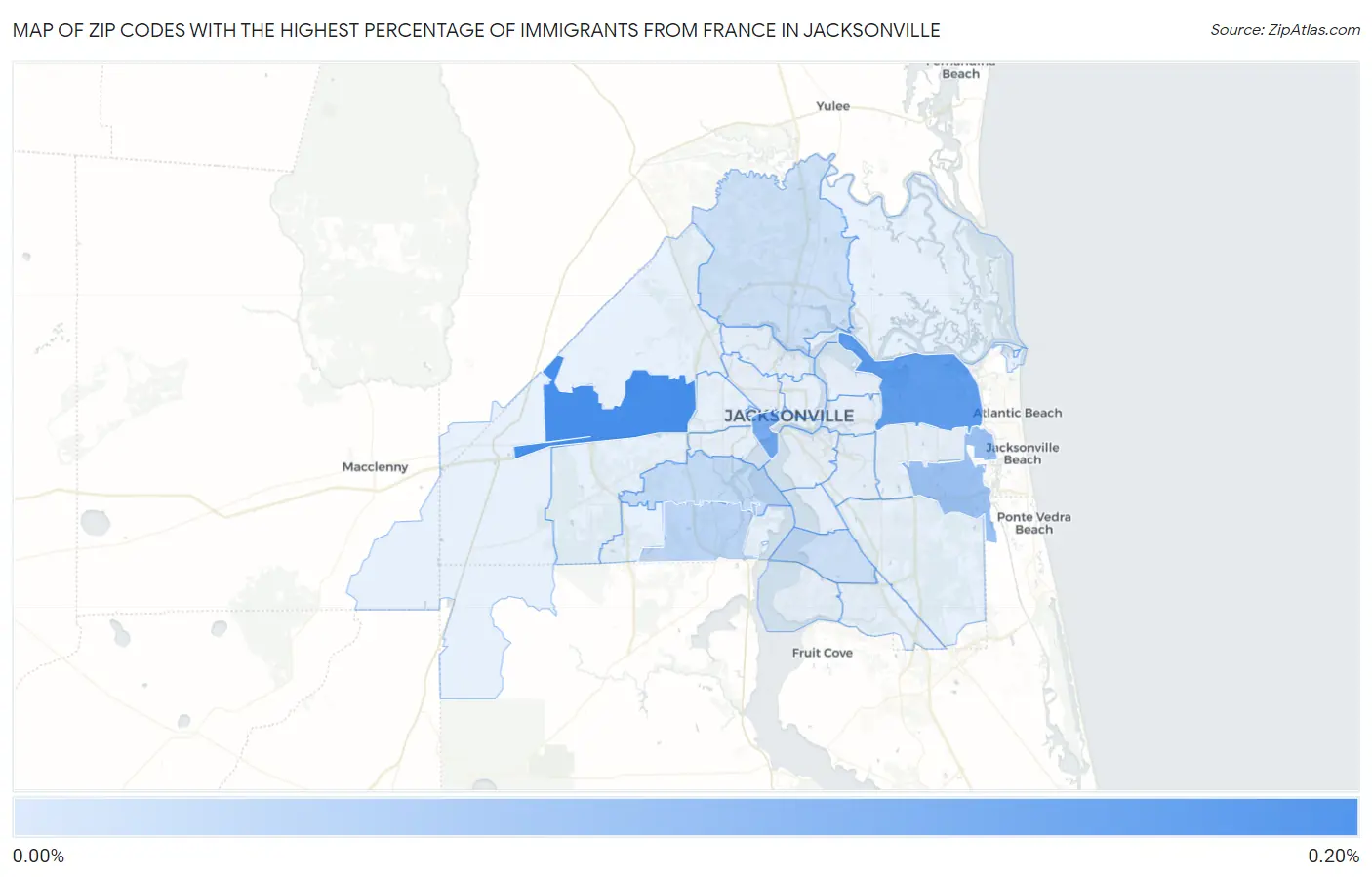 Zip Codes with the Highest Percentage of Immigrants from France in Jacksonville Map