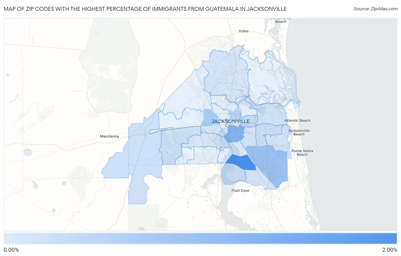 Zip Codes with the Highest Percentage of Immigrants from Guatemala in Jacksonville Map