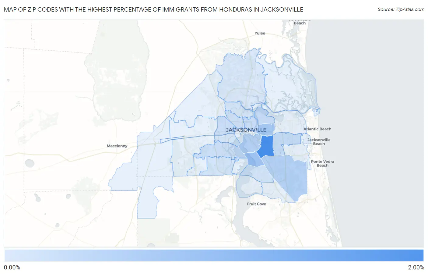Zip Codes with the Highest Percentage of Immigrants from Honduras in Jacksonville Map
