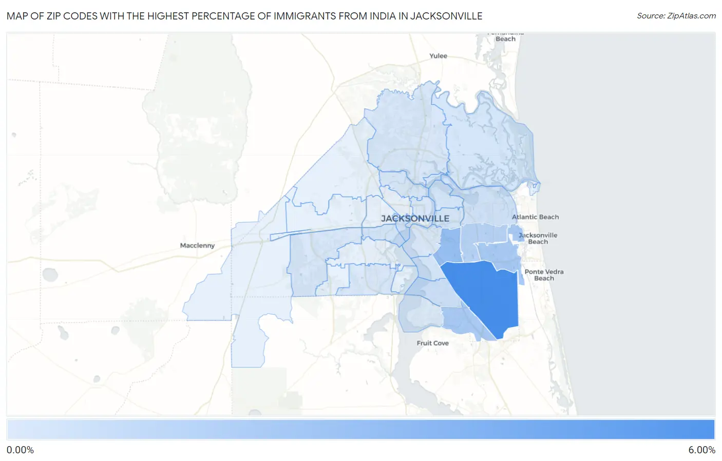 Zip Codes with the Highest Percentage of Immigrants from India in Jacksonville Map