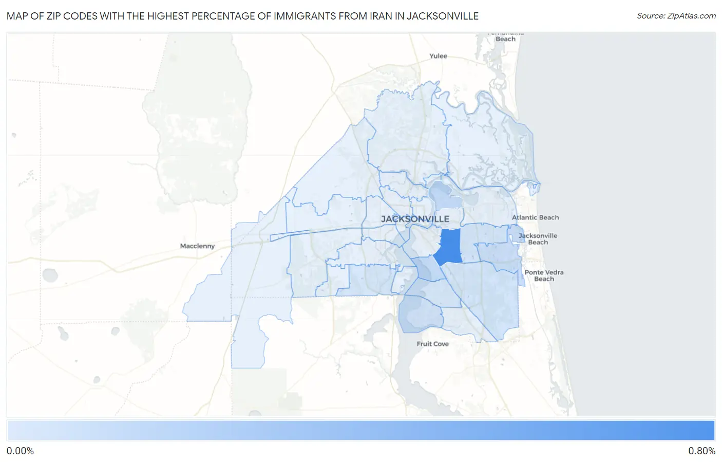 Zip Codes with the Highest Percentage of Immigrants from Iran in Jacksonville Map