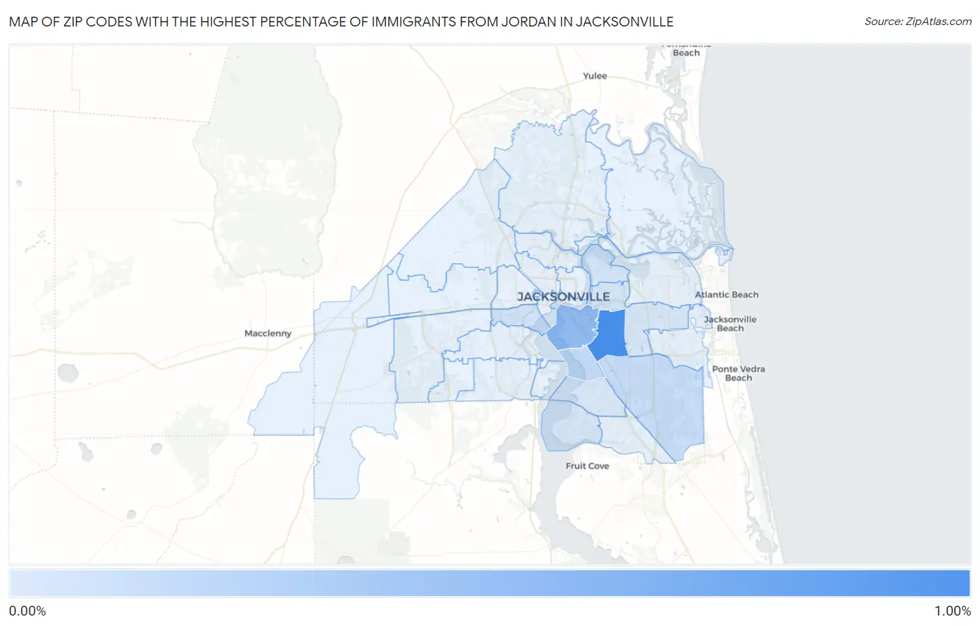 Zip Codes with the Highest Percentage of Immigrants from Jordan in Jacksonville Map