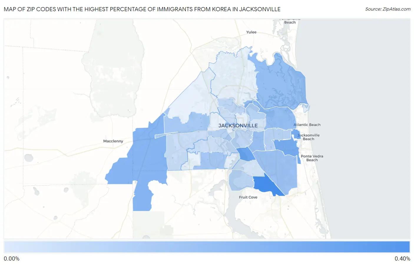 Zip Codes with the Highest Percentage of Immigrants from Korea in Jacksonville Map