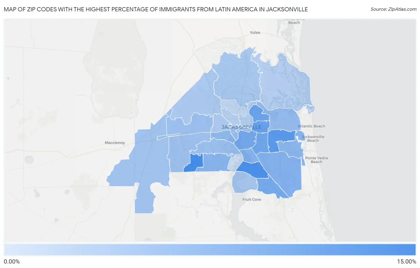 Zip Codes with the Highest Percentage of Immigrants from Latin America in Jacksonville Map