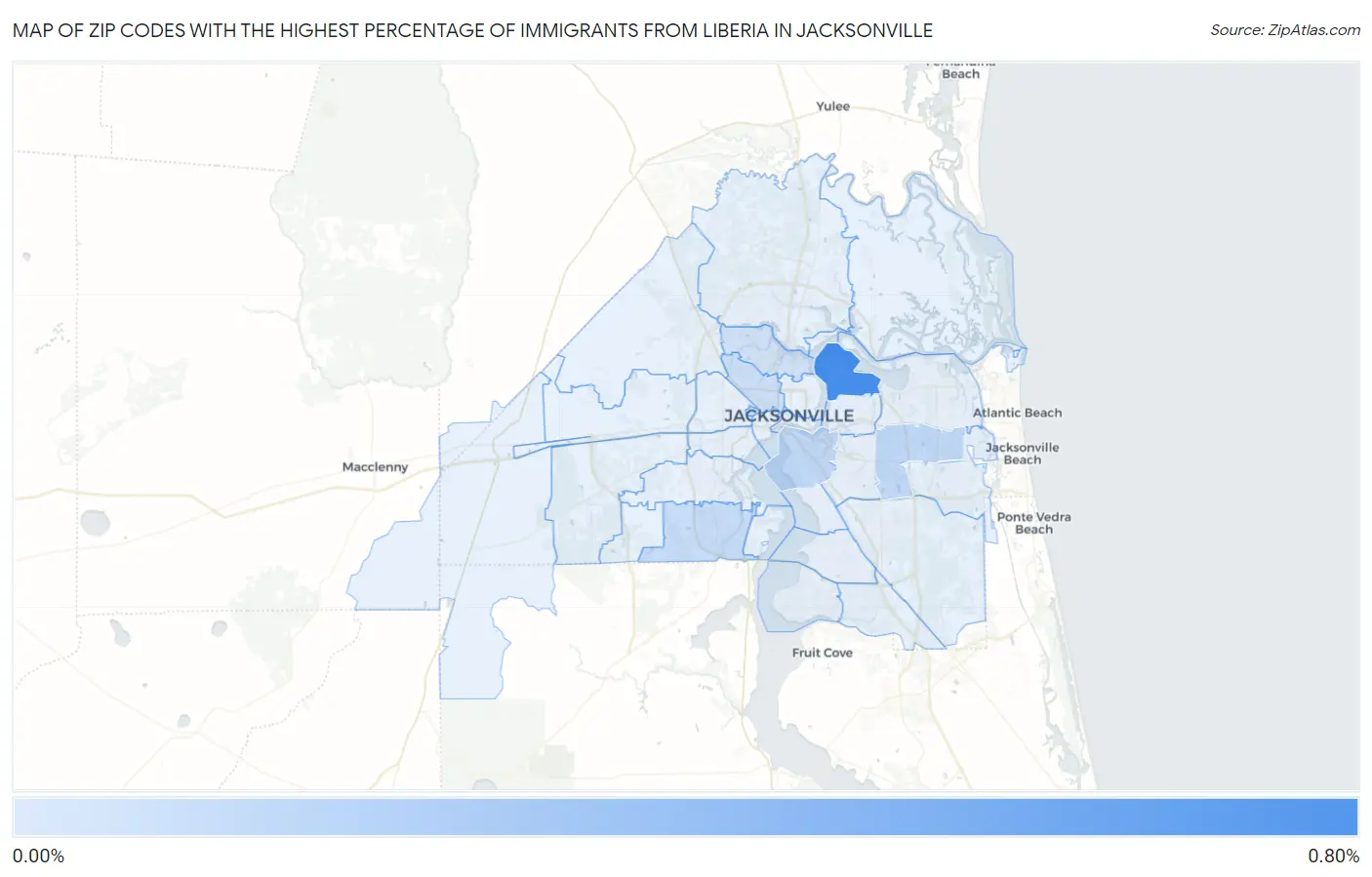 Zip Codes with the Highest Percentage of Immigrants from Liberia in Jacksonville Map