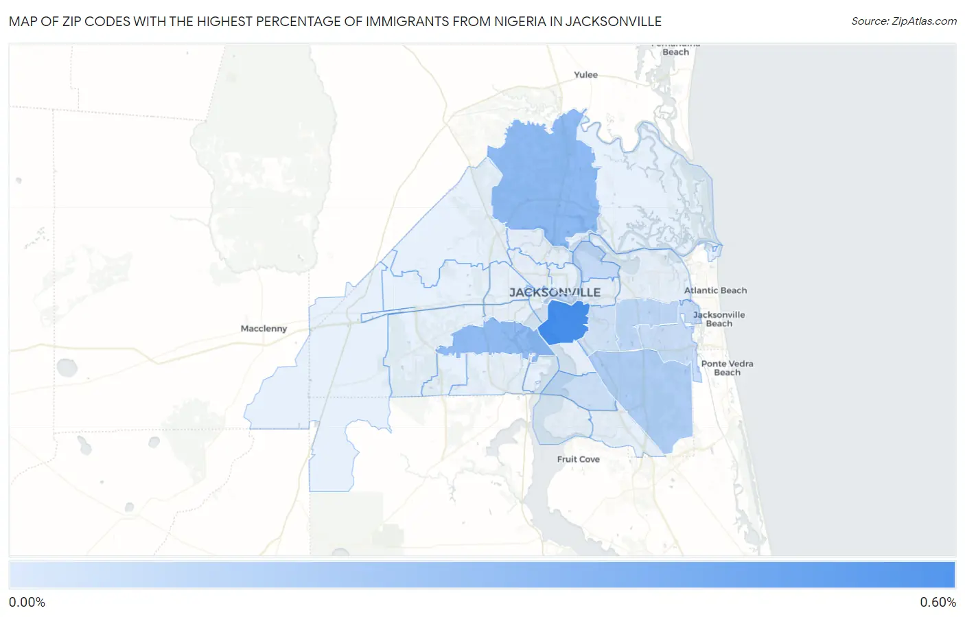 Zip Codes with the Highest Percentage of Immigrants from Nigeria in Jacksonville Map