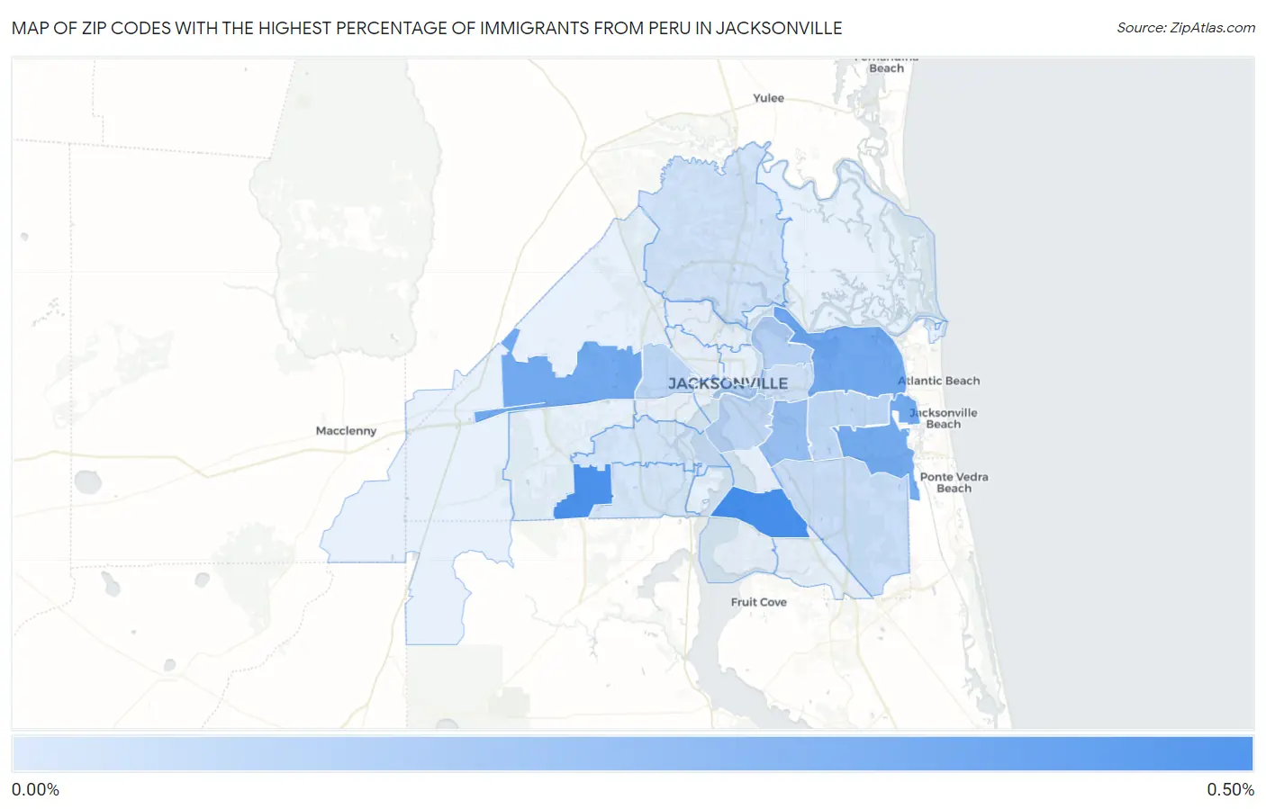 Zip Codes with the Highest Percentage of Immigrants from Peru in Jacksonville Map