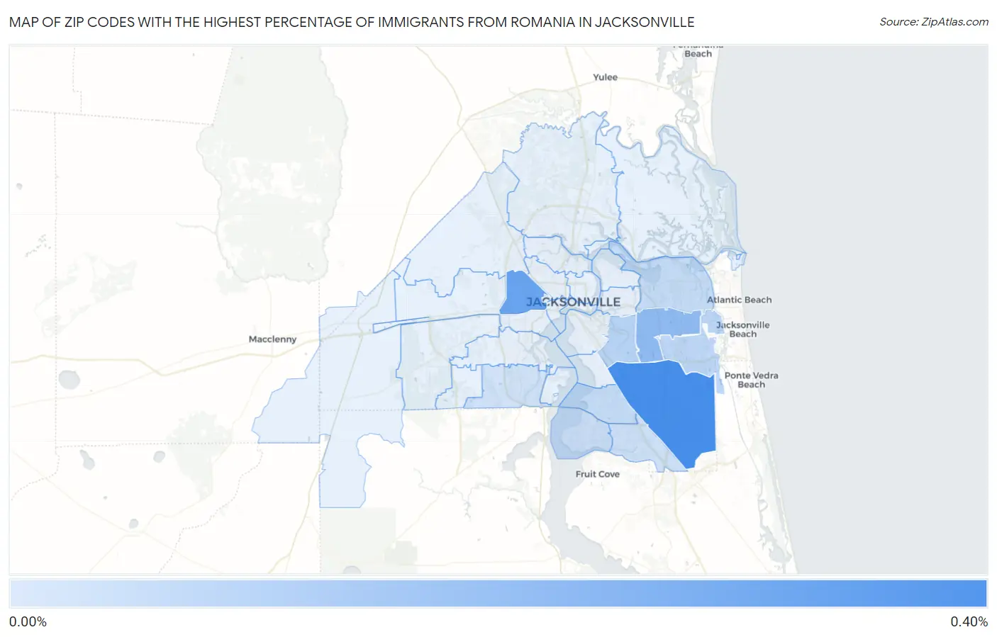 Zip Codes with the Highest Percentage of Immigrants from Romania in Jacksonville Map