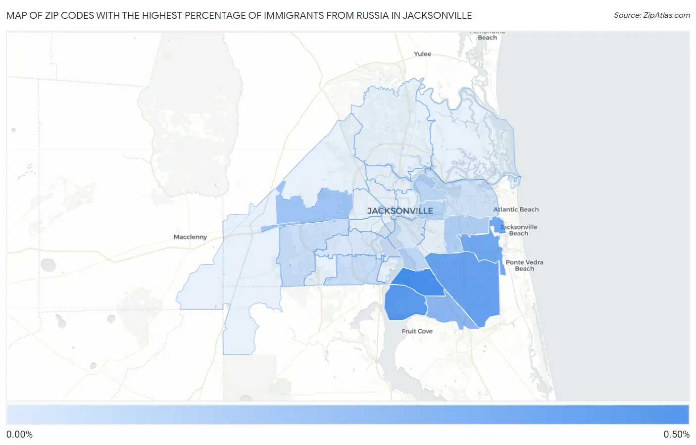 Zip Codes with the Highest Percentage of Immigrants from Russia in Jacksonville Map
