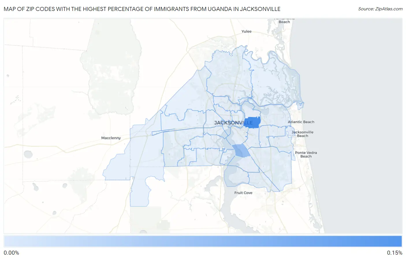 Zip Codes with the Highest Percentage of Immigrants from Uganda in Jacksonville Map
