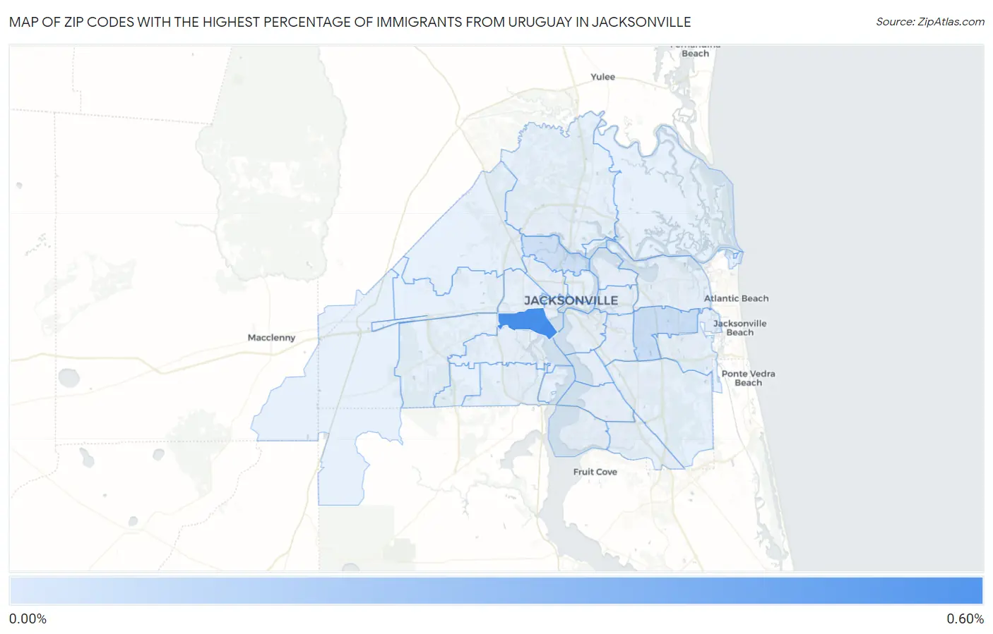 Zip Codes with the Highest Percentage of Immigrants from Uruguay in Jacksonville Map