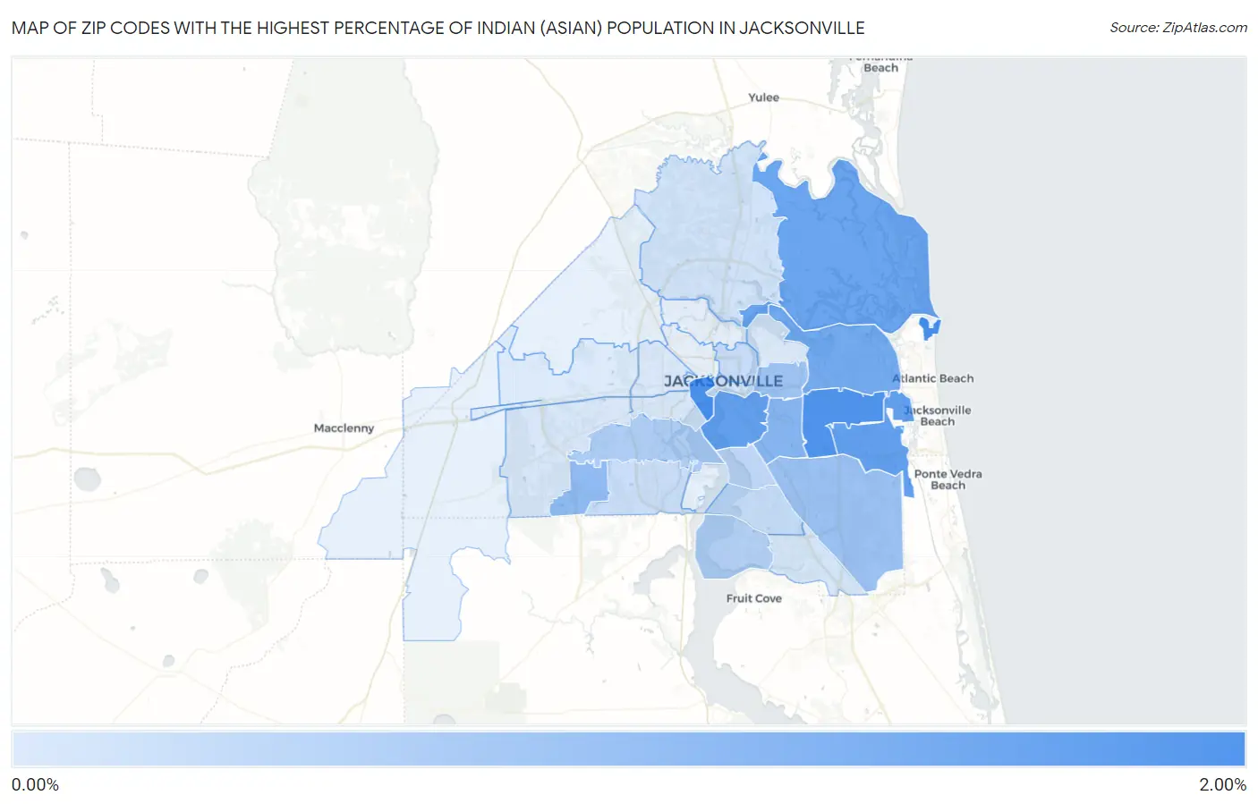 Zip Codes with the Highest Percentage of Indian (Asian) Population in Jacksonville Map