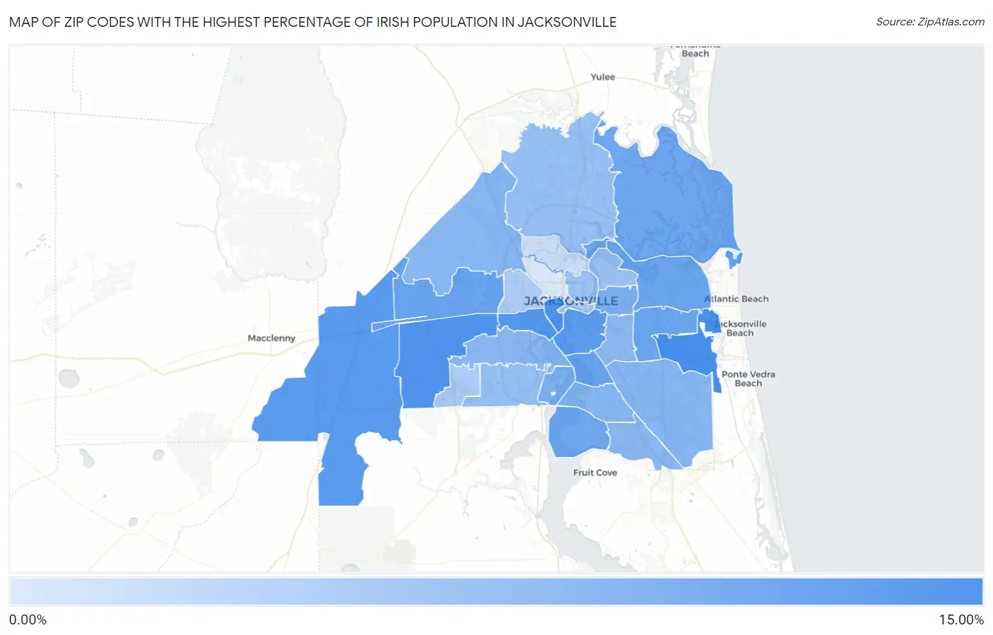 Zip Codes with the Highest Percentage of Irish Population in Jacksonville Map