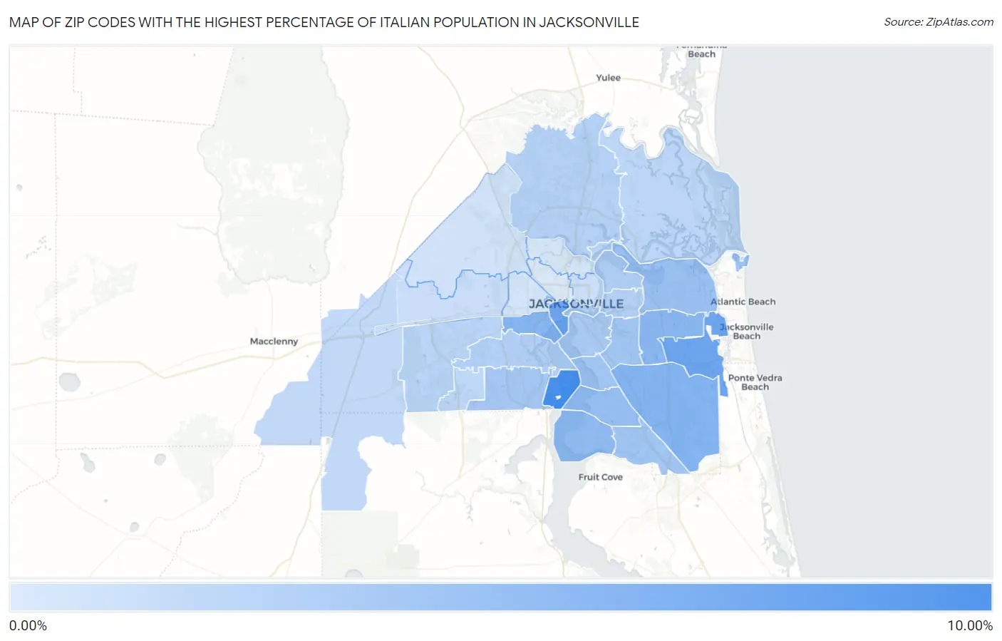 Zip Codes with the Highest Percentage of Italian Population in Jacksonville Map