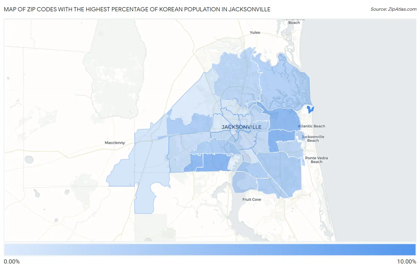 Zip Codes with the Highest Percentage of Korean Population in Jacksonville Map