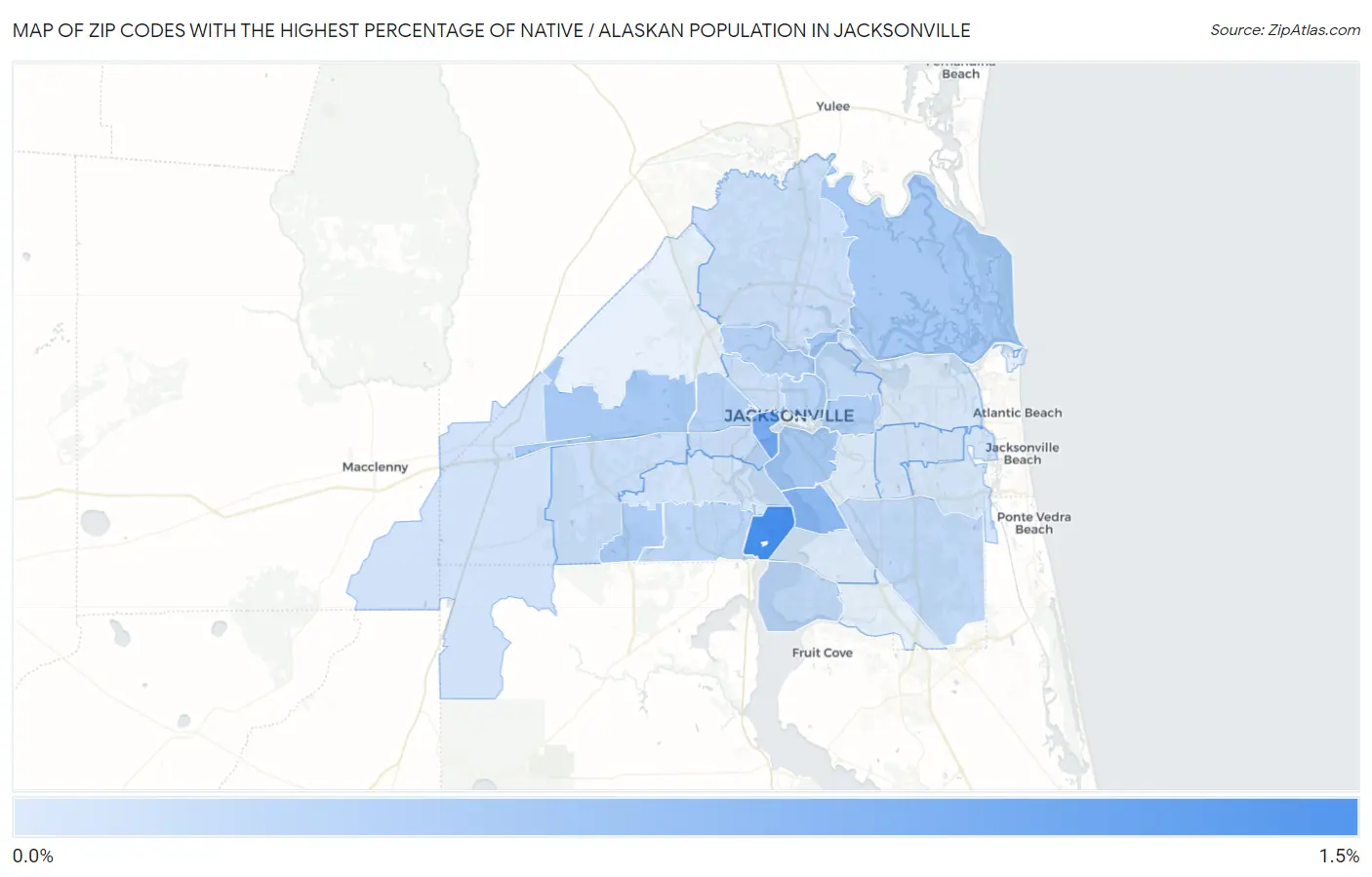 Zip Codes with the Highest Percentage of Native / Alaskan Population in Jacksonville Map