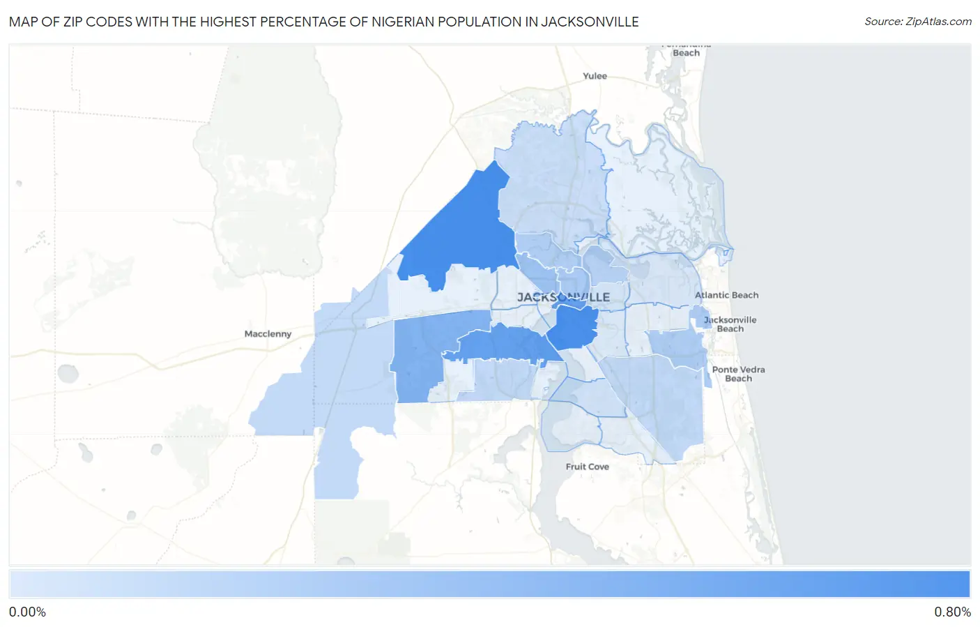 Zip Codes with the Highest Percentage of Nigerian Population in Jacksonville Map