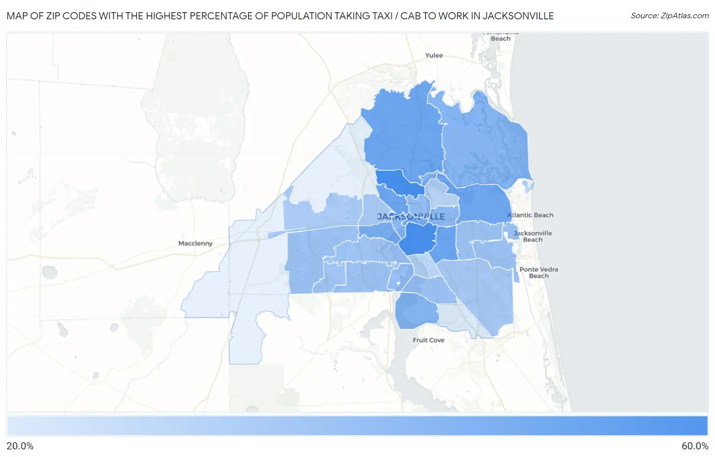 Zip Codes with the Highest Percentage of Population Taking Taxi / Cab to Work in Jacksonville Map