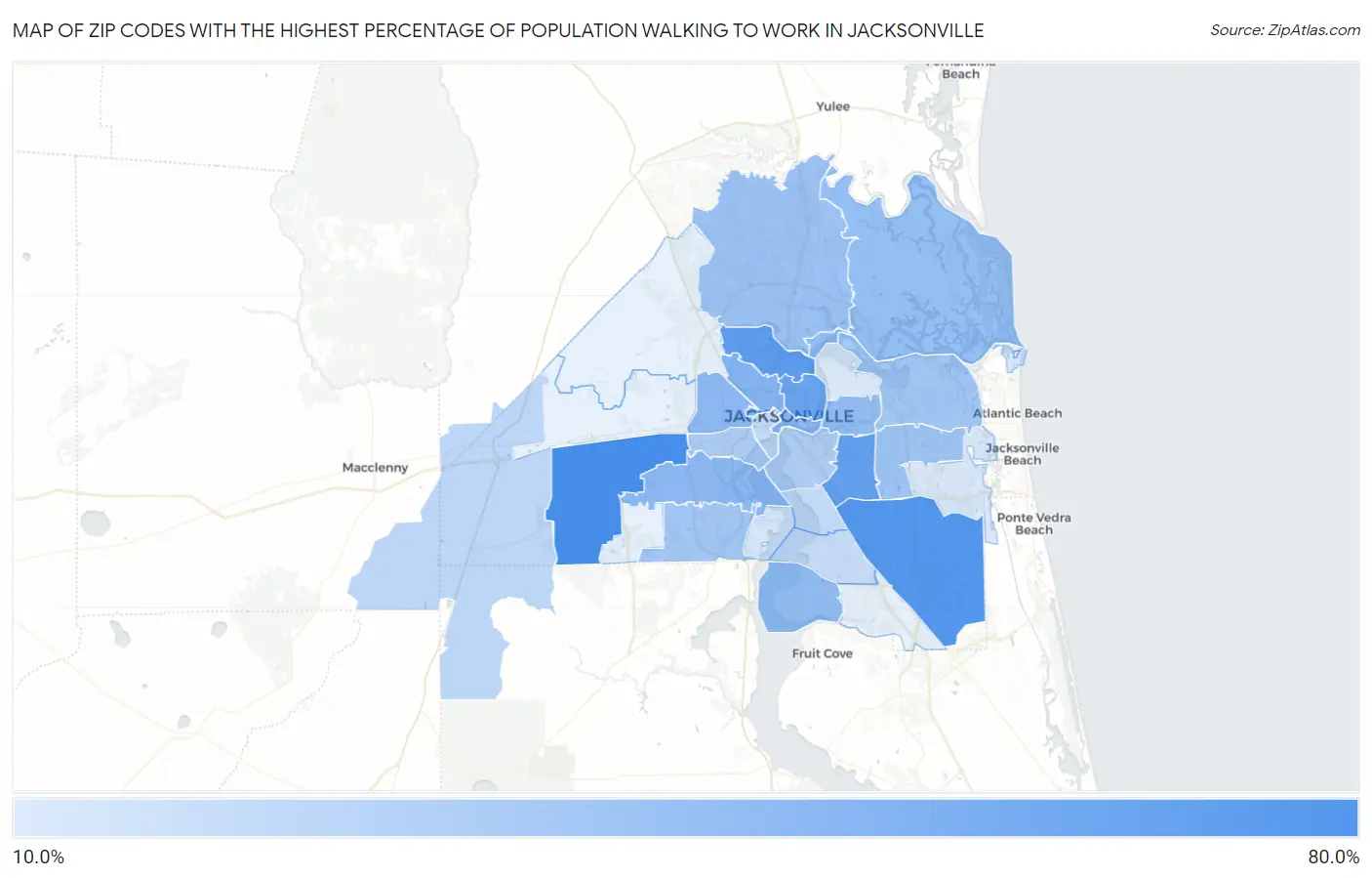 Zip Codes with the Highest Percentage of Population Walking to Work in Jacksonville Map