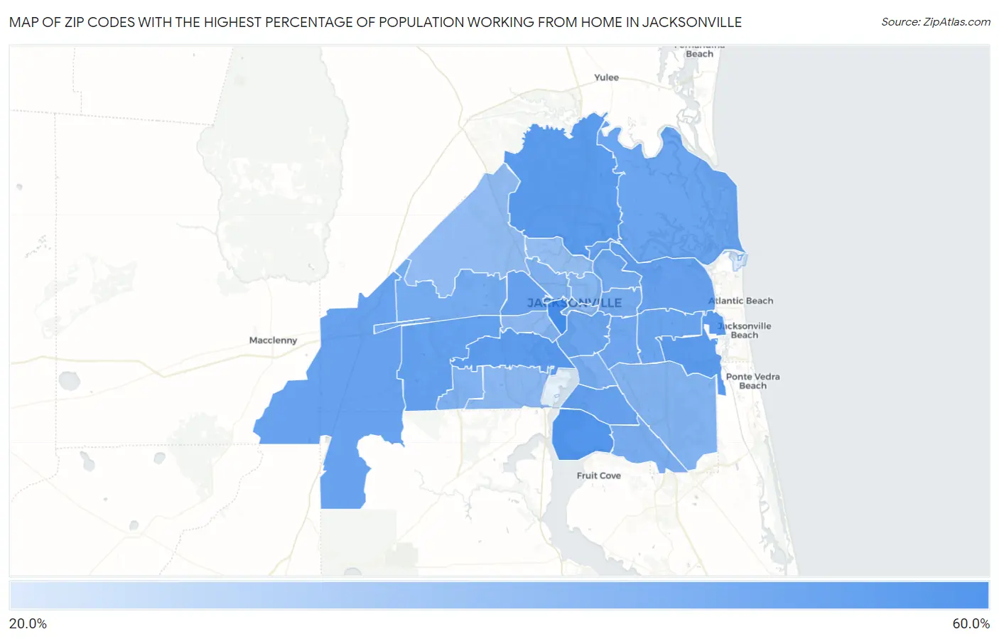 Zip Codes with the Highest Percentage of Population Working from Home in Jacksonville Map