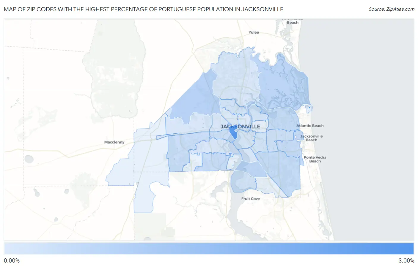 Zip Codes with the Highest Percentage of Portuguese Population in Jacksonville Map