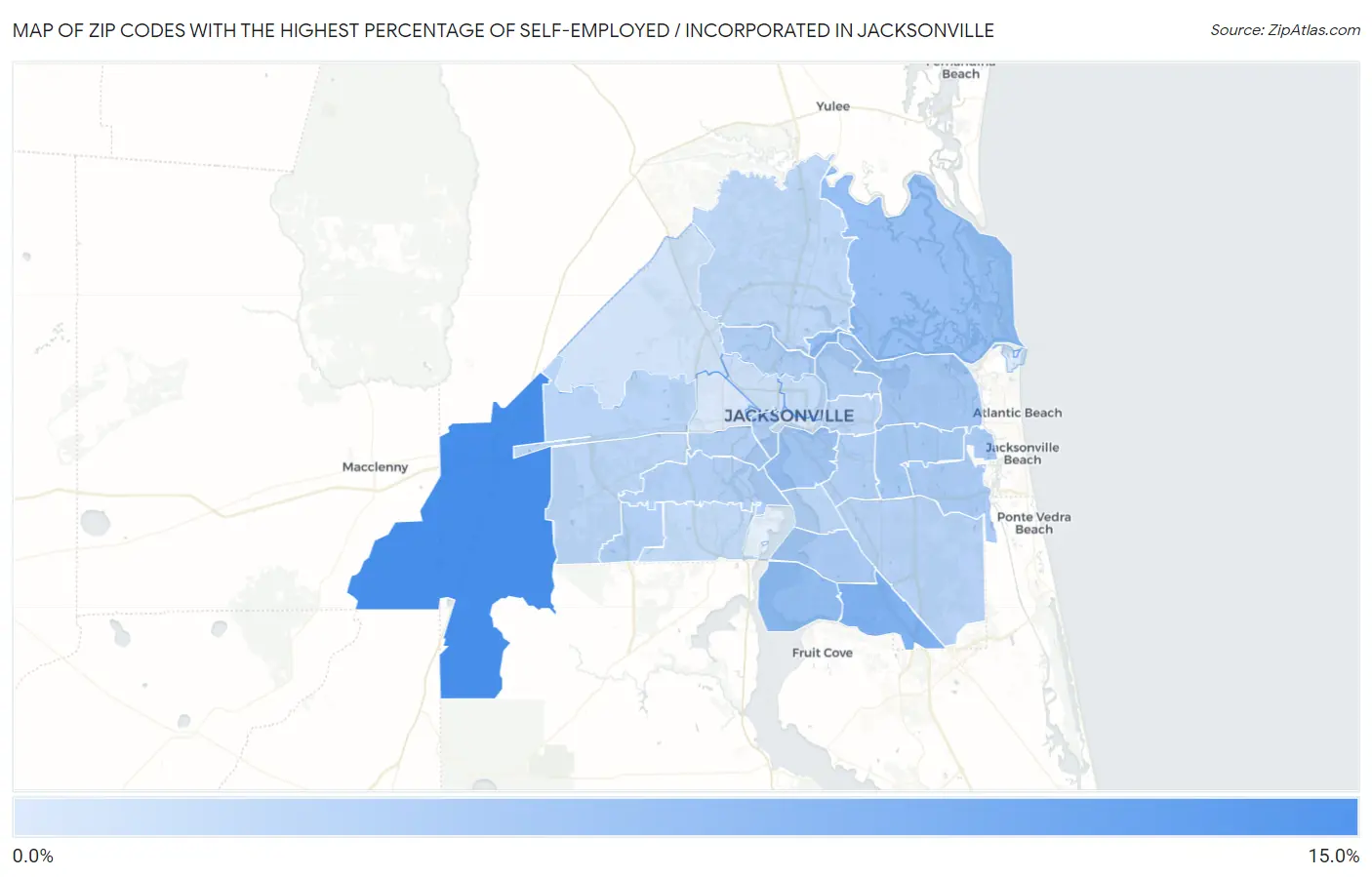 Zip Codes with the Highest Percentage of Self-Employed / Incorporated in Jacksonville Map