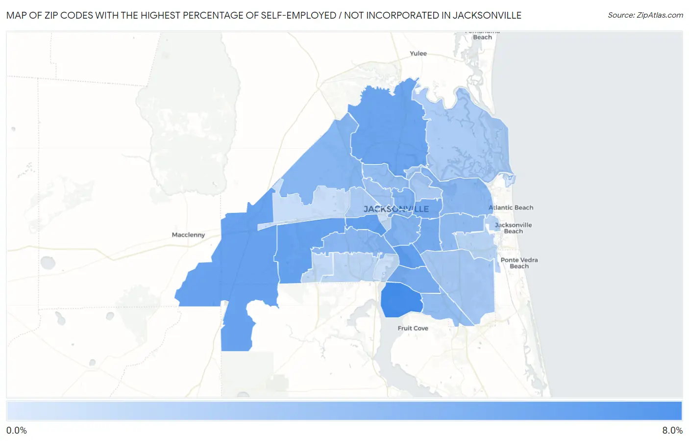 Zip Codes with the Highest Percentage of Self-Employed / Not Incorporated in Jacksonville Map