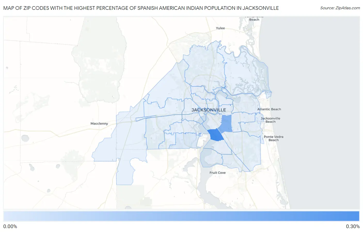 Zip Codes with the Highest Percentage of Spanish American Indian Population in Jacksonville Map