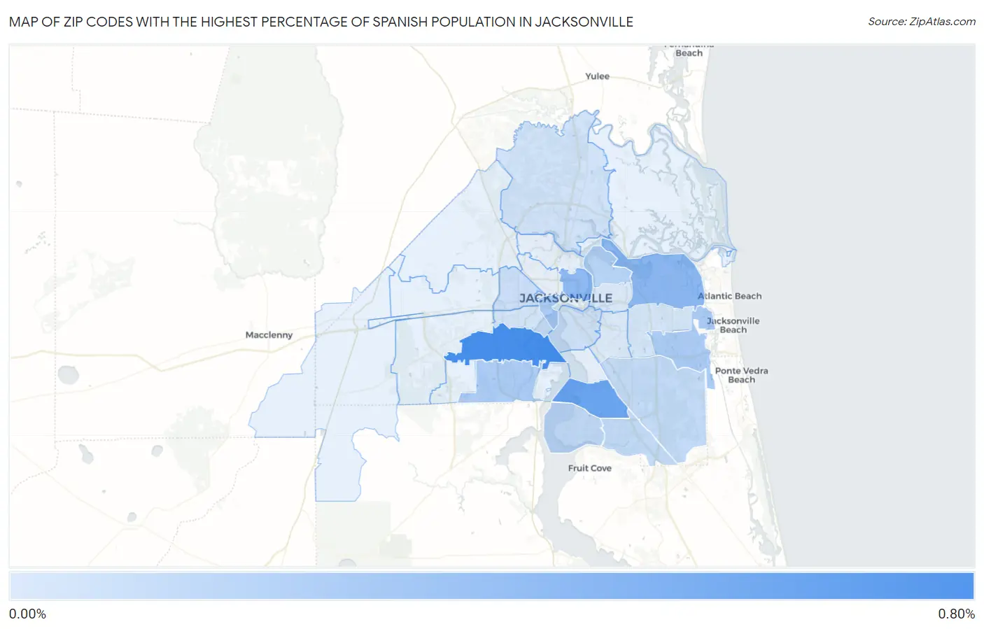 Zip Codes with the Highest Percentage of Spanish Population in Jacksonville Map