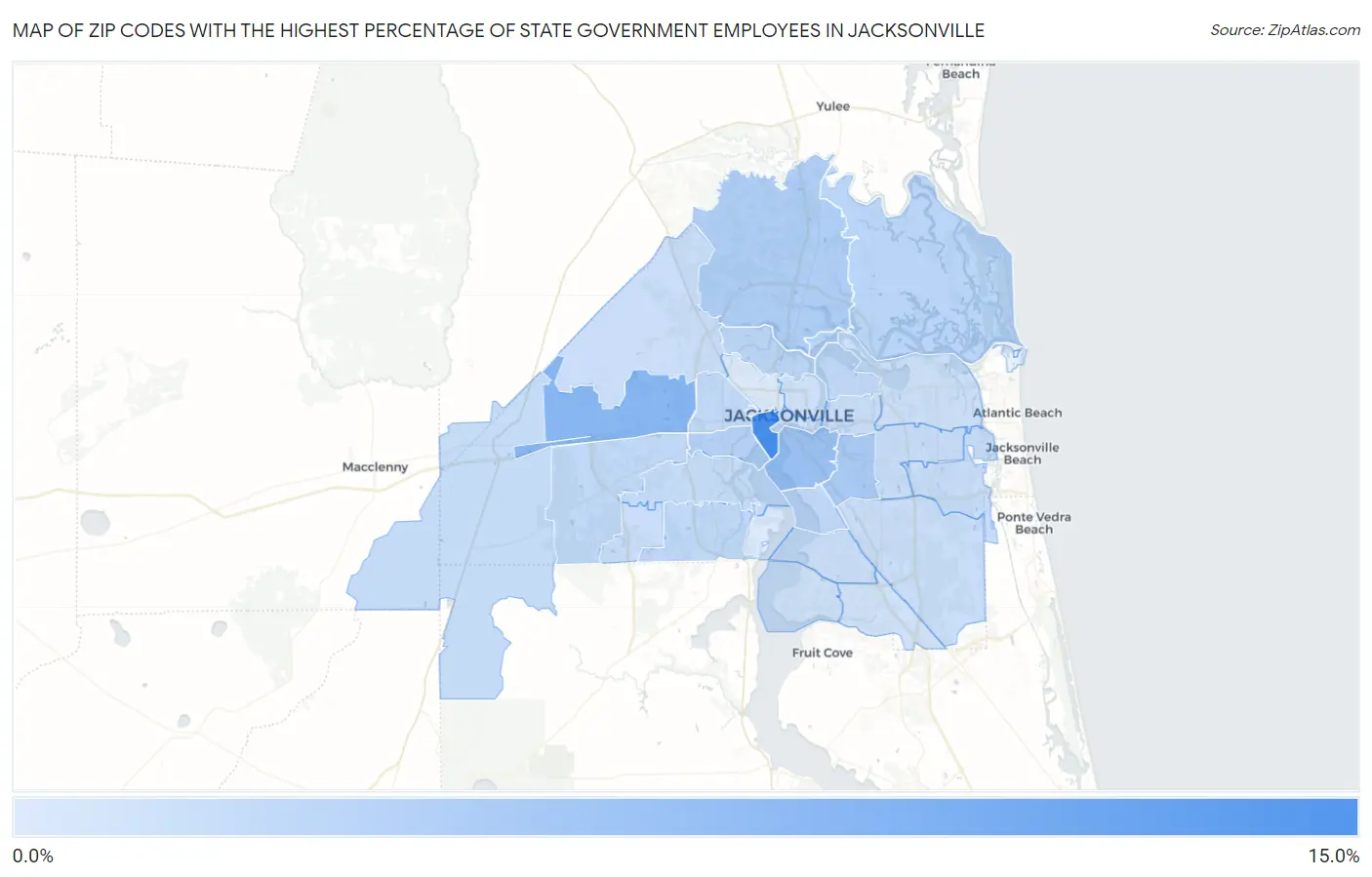 Zip Codes with the Highest Percentage of State Government Employees in Jacksonville Map