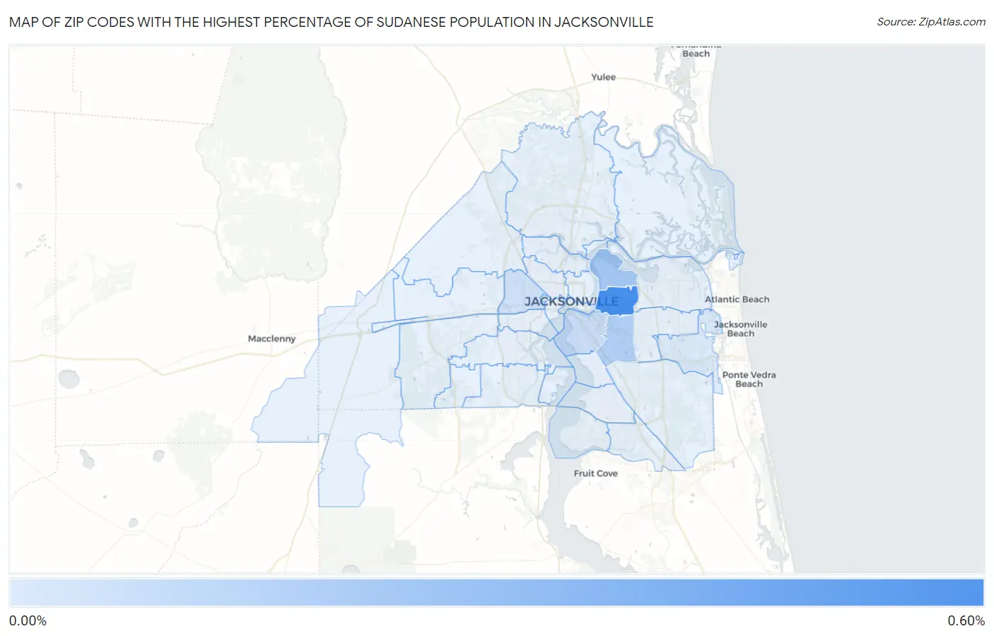 Zip Codes with the Highest Percentage of Sudanese Population in Jacksonville Map