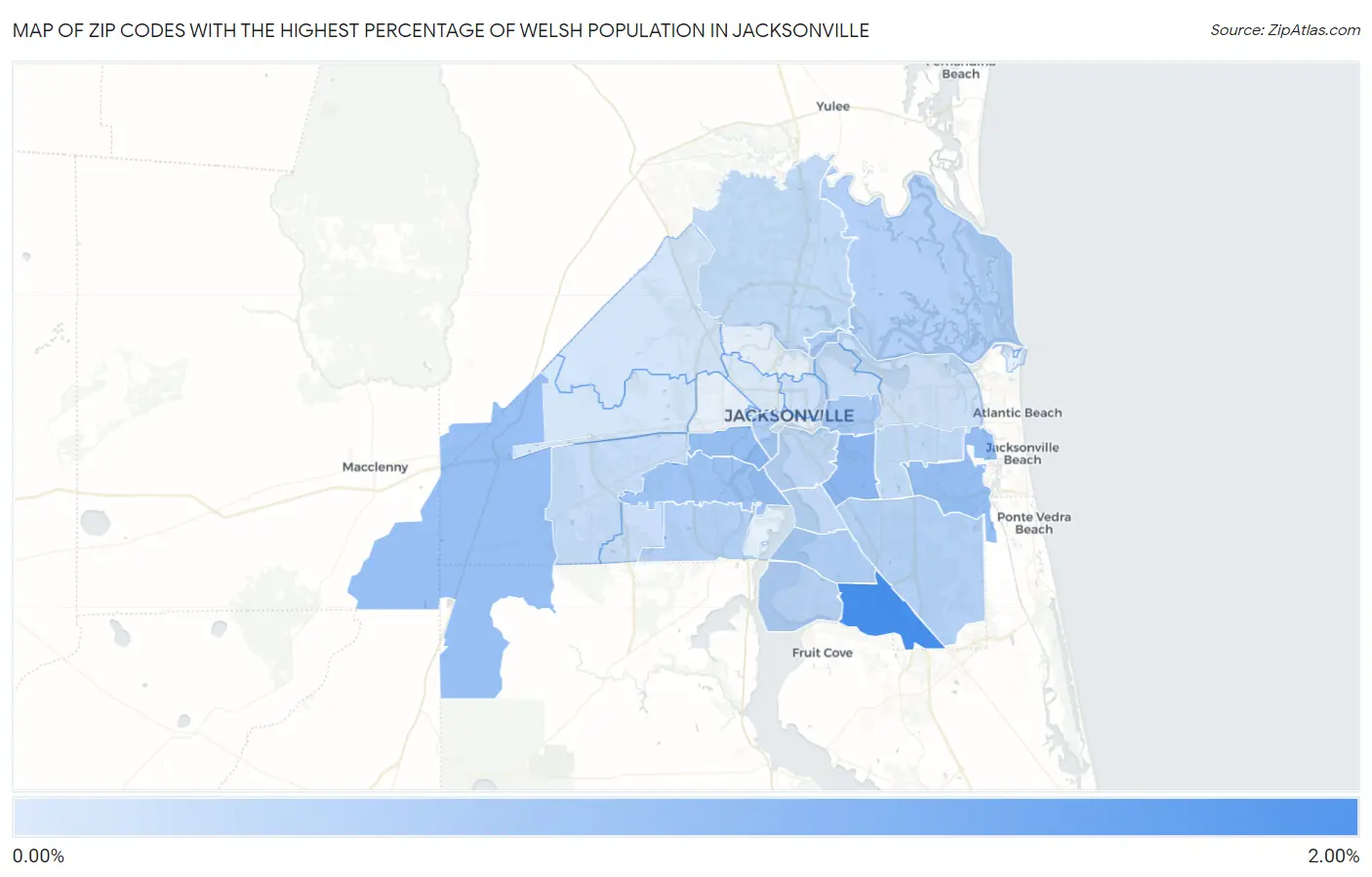 Zip Codes with the Highest Percentage of Welsh Population in Jacksonville Map