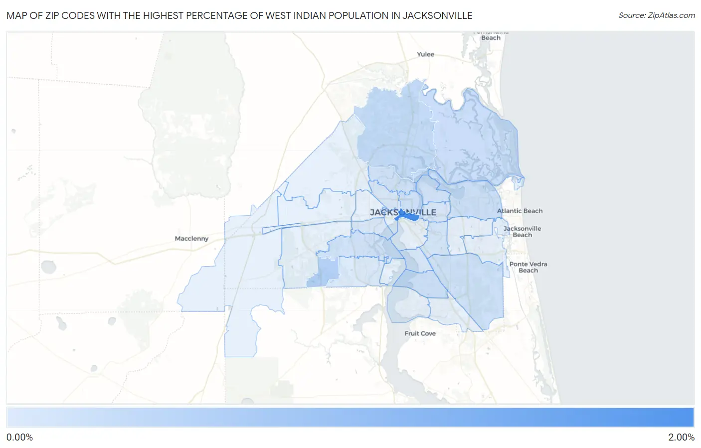 Zip Codes with the Highest Percentage of West Indian Population in Jacksonville Map